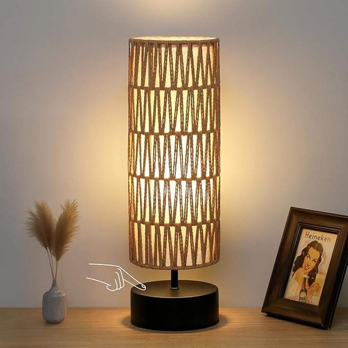 Rattan Table Lamp, Touch Control Bedside Table Lamp by Seasidevillage