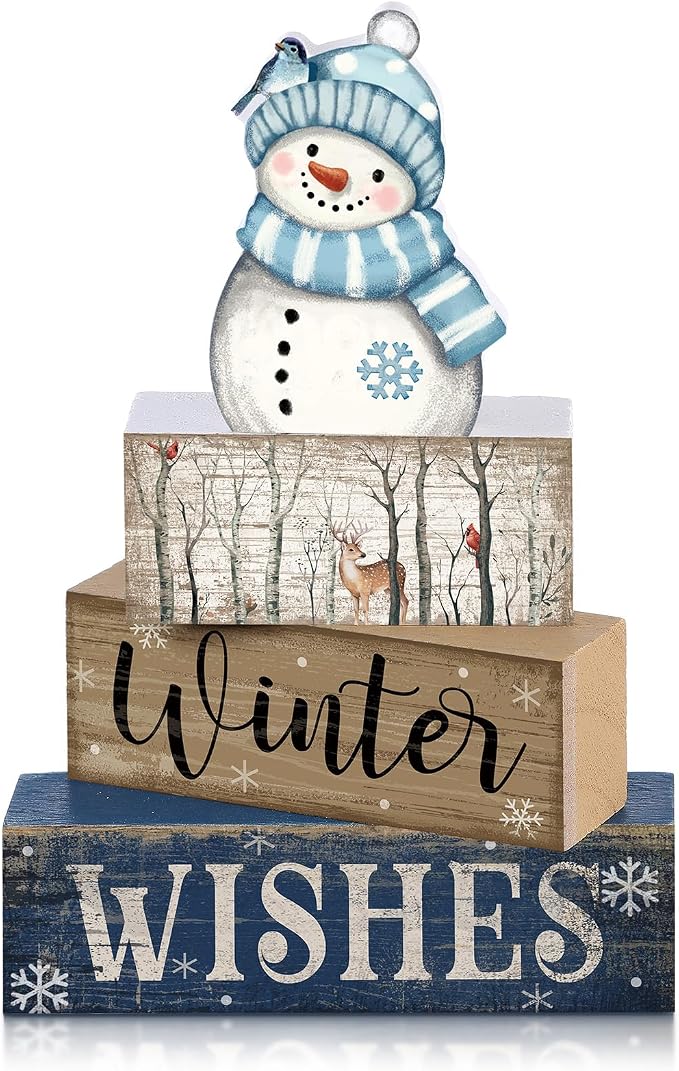 Lineshading 4 Pcs Snowman Christmas Table Decorations Blue and White Wooden by Lineshading