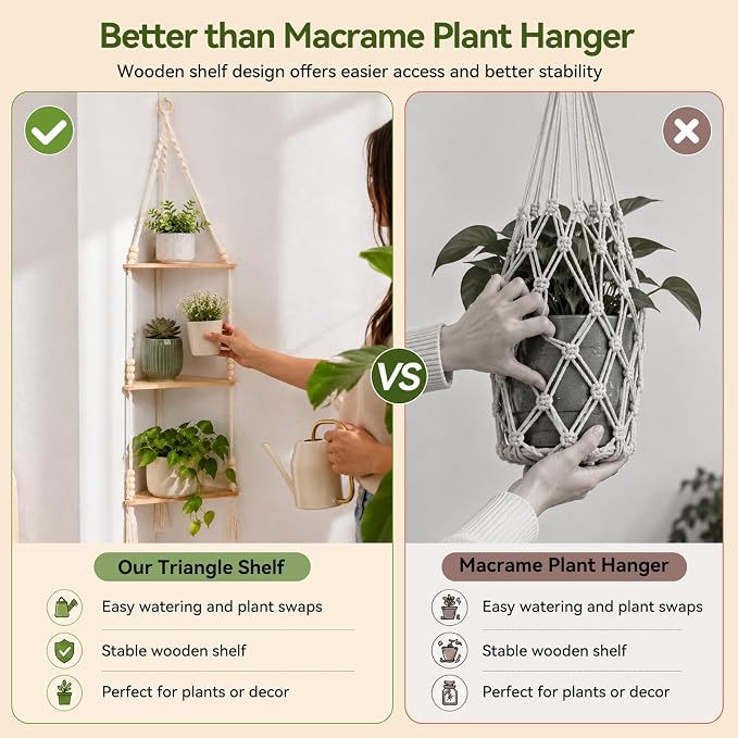 Artilady Macrame Corner Shelf Wall Hanging 3-Tier, Adjustable Boho Wood Plant - Image 5