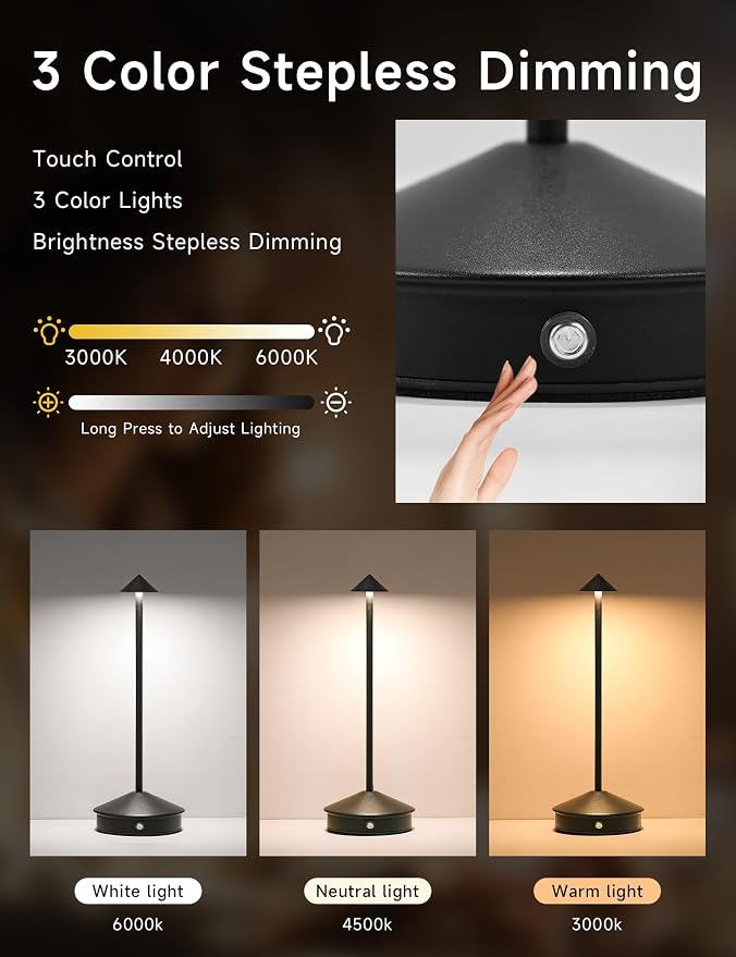 Cordless Table Lamps, LED Rechargeable Desk Lamp, Portable Modern USB Battery - Image 3