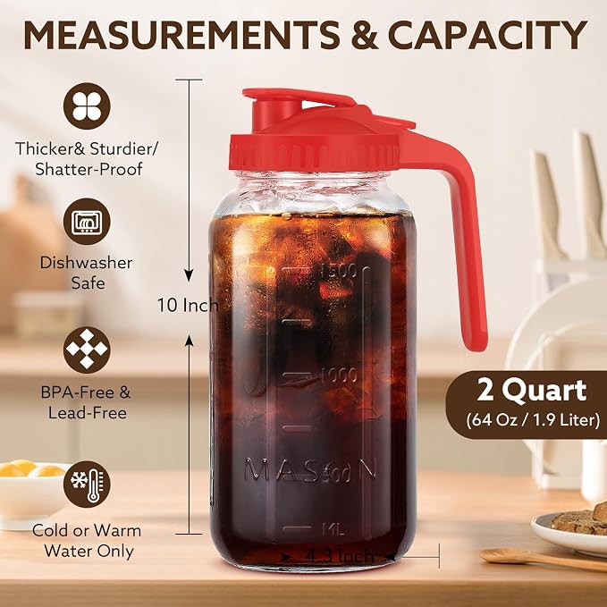 Mihlapi Glass Pitcher with Lid, 64 OZ Mason Jar Pitcher Double Leak Proof - Image 4