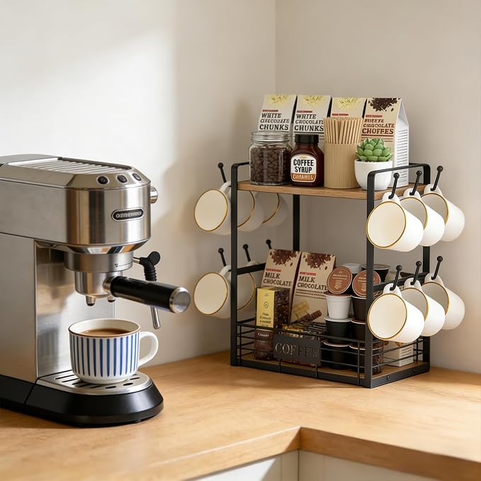 Coffee Mug Rack with 12 Hooks, 2-Tier Coffee Cup Holder with Shelf and Storage - Image 6