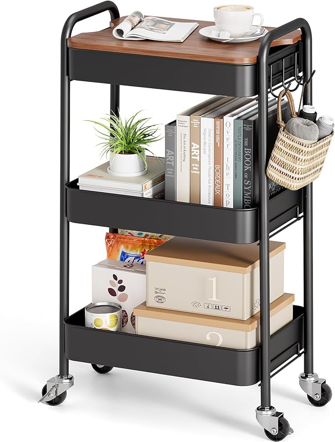 TOOLF 3-Tier Rolling Cart with Table Top, Metal Storage Cart on Wheels by TOOLF