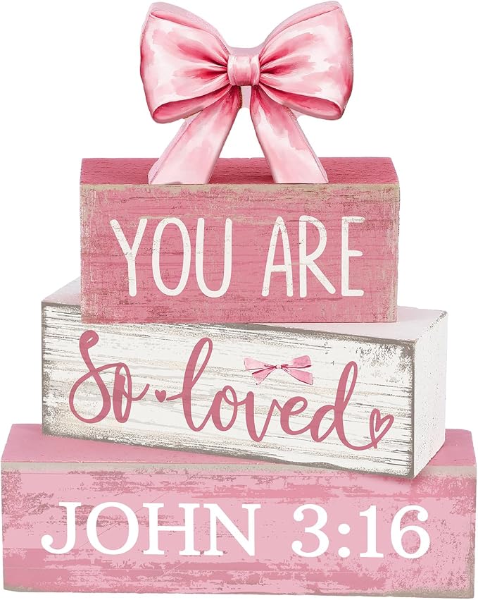 Lineshading 4 Pcs Pink Bow Decor Christian Table Decor Wooden Block Signs Set by Lineshading