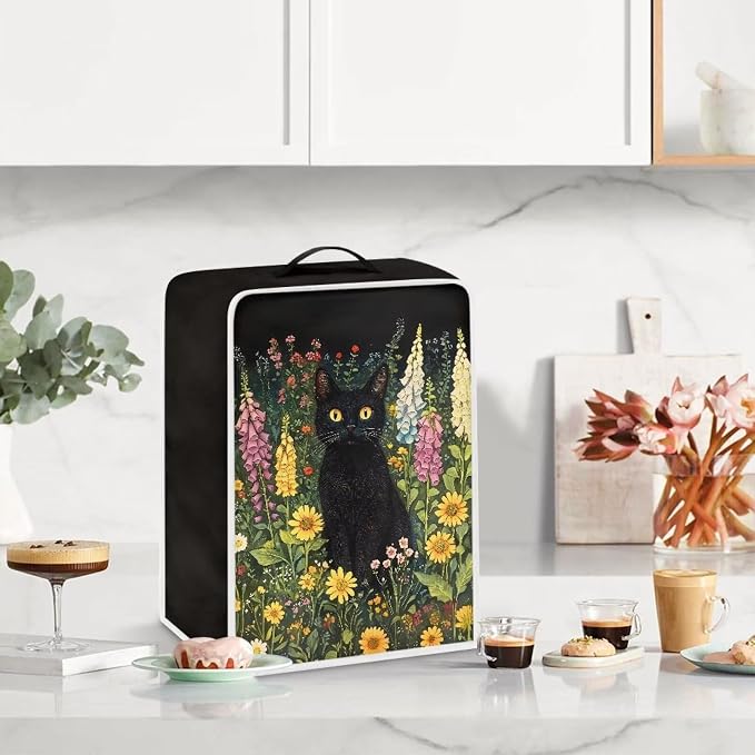 Coffee Machine Covers with Top Handle Black Cat Flower Print Washable Dust - Image 3
