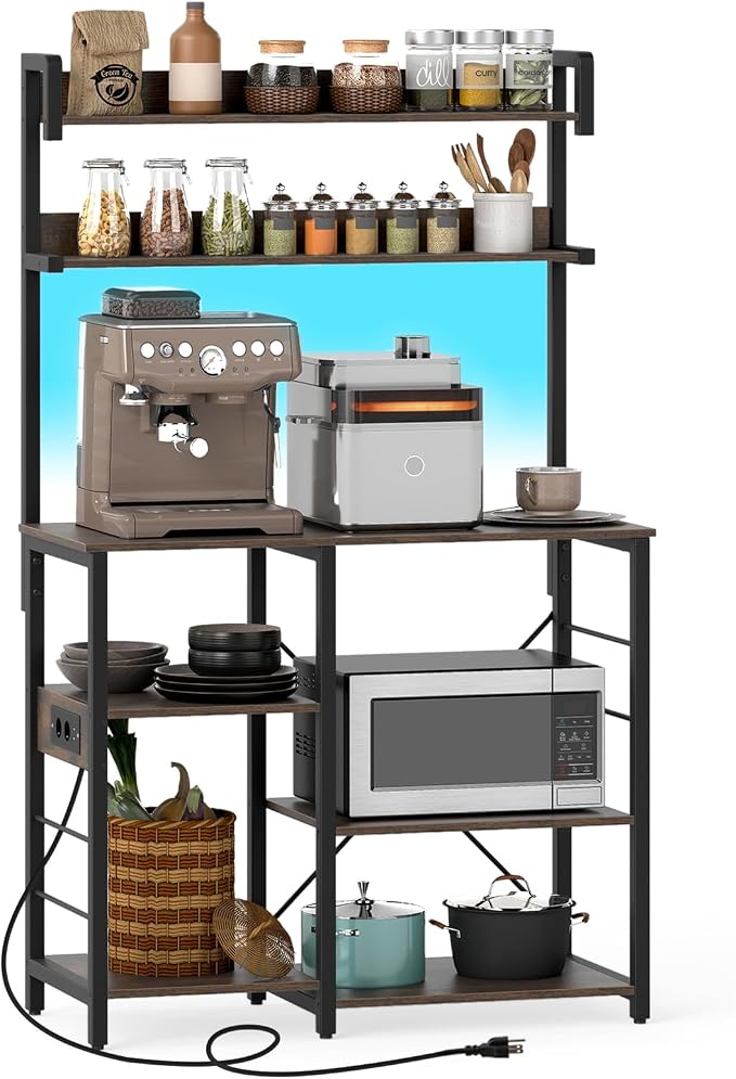 Giantex Bakers Rack with Power Outlet and LED Lights, 7-Tier Microwave Stand by Giantex