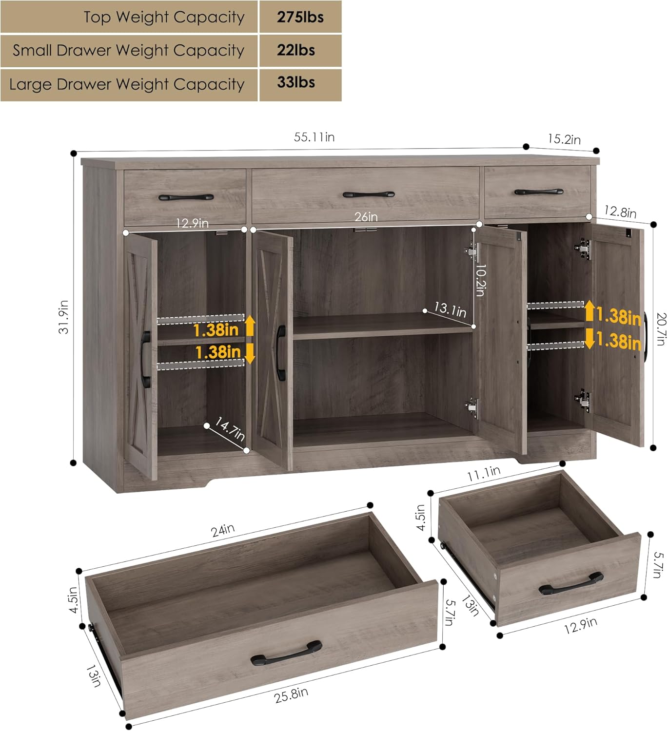 HOSTACK Buffet Sideboard Cabinet with Drawers, 55" Large Buffet Storage Cabinet with Shelves and Doors, Modern Farmhouse Coffee Bar Station for Kitchen, Dining Room, Ash Grey