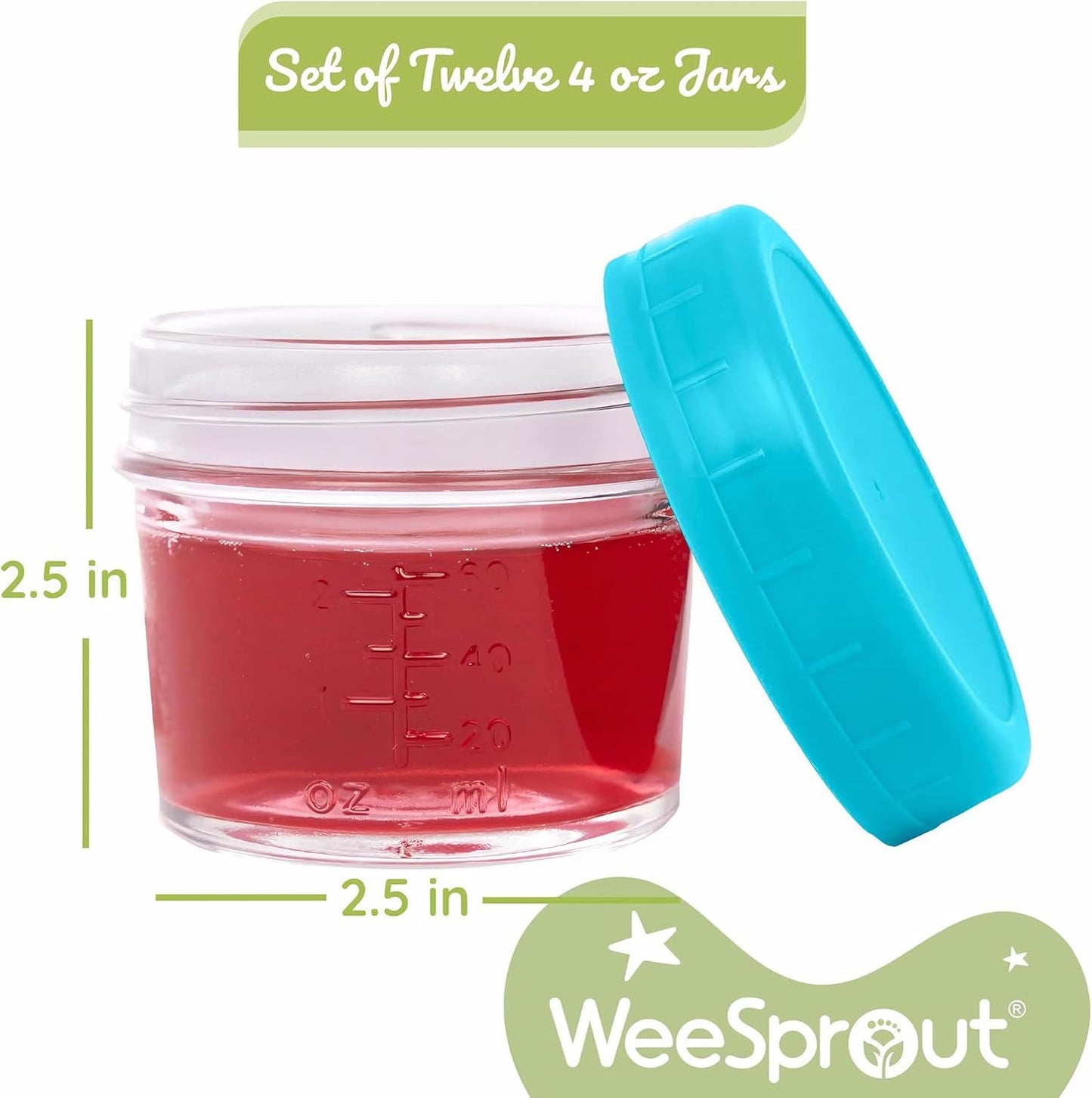 WeeSprout Baby Food Storage Glass Jars w/Lids (4 oz, 24 Pack) Bright Variety, Snack, Reusable Small Containers, Fridge or Freezer, Microwave & Dishwasher Safe, Essentials for Infants