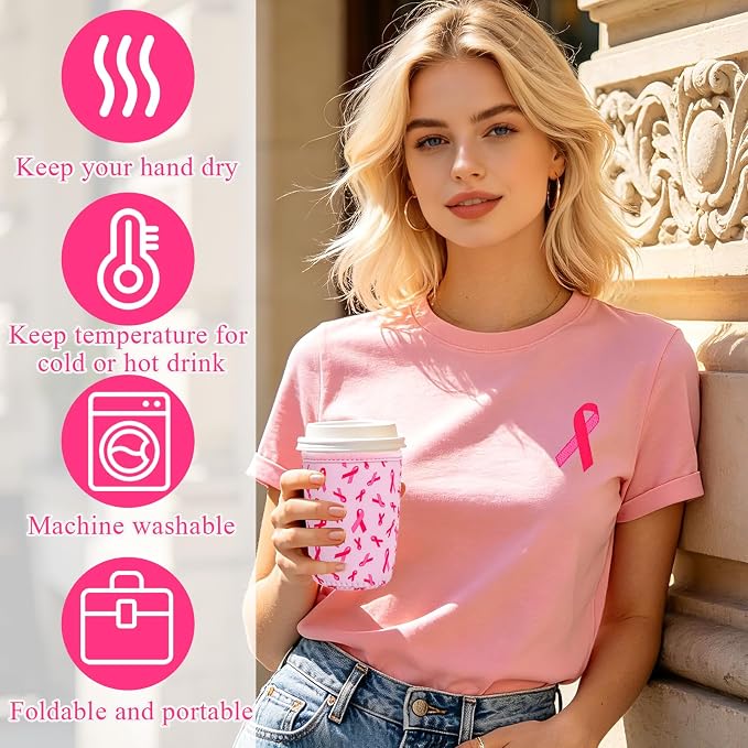 3 Pack Reusable Iced Coffee Cup Sleeve Pink Ribbon Beverage Holder - Image 3