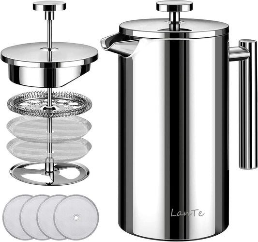 French Press Coffee Maker, Double Insulated 304 Stainless Steel Coffee Tea Maker 4 Level Filtration System, No Coffee Grounds, Rust-Free, Dishwasher Safe, 1000ml