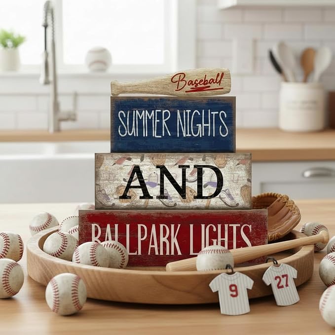 Lineshading 4 Pcs Baseball Decorations Stacked Wooden Blocks Signs - Image 2