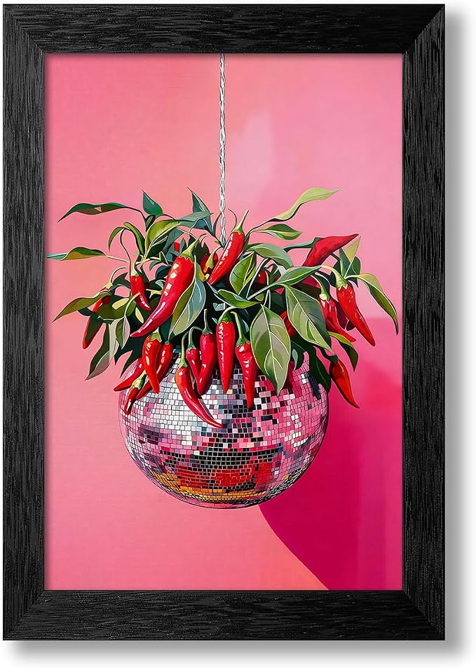 Black Framed Disco Ball With Red Chili Pepper Wall Art 20x30 inch Funky by Unknown