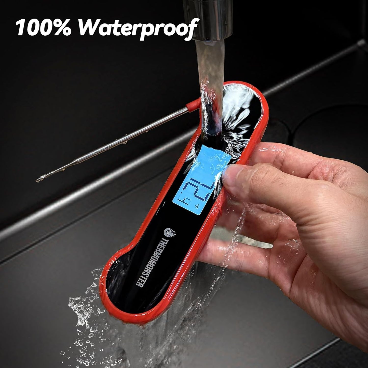 0.5 Sec Instant Read Meat Thermometer Digital with ±0.5℉ Precision, 100% Waterproof Auto Flip Bright LCD Screen, Motion Sensing Food Thermometer for Cooking Kitchen Oven Grill Candy BBQ, Red