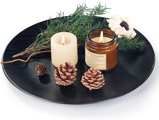 Yangbaga Black Wood Serving Tray, Round Decorative Tray by Hanber