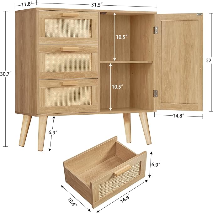 TEENFON Storage Cabinet with Rattan Door & 3 Drawers, Rattan Cabinet with - Image 3