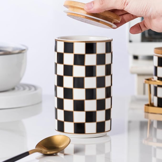 Kitchen Countertop Ceramic Checkered Canisters, Airtight Kitchen Canisters by XYQXYQ