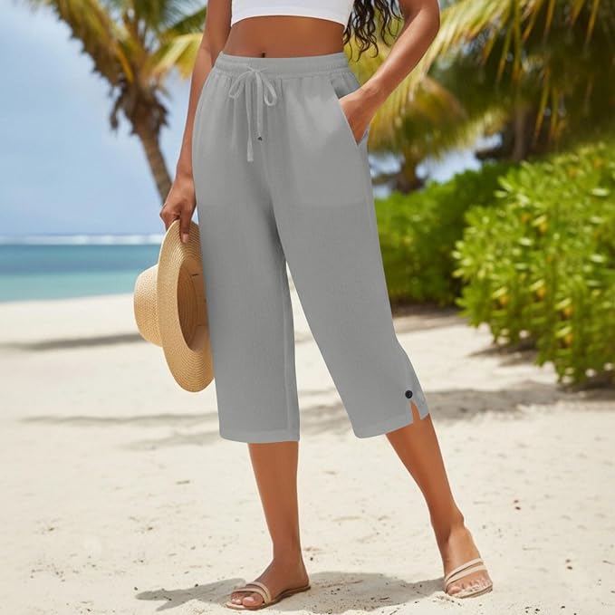 Straight Leg Capri Linen Pants for Women Elastic Waist Drawstring Pant Summer - Image 3