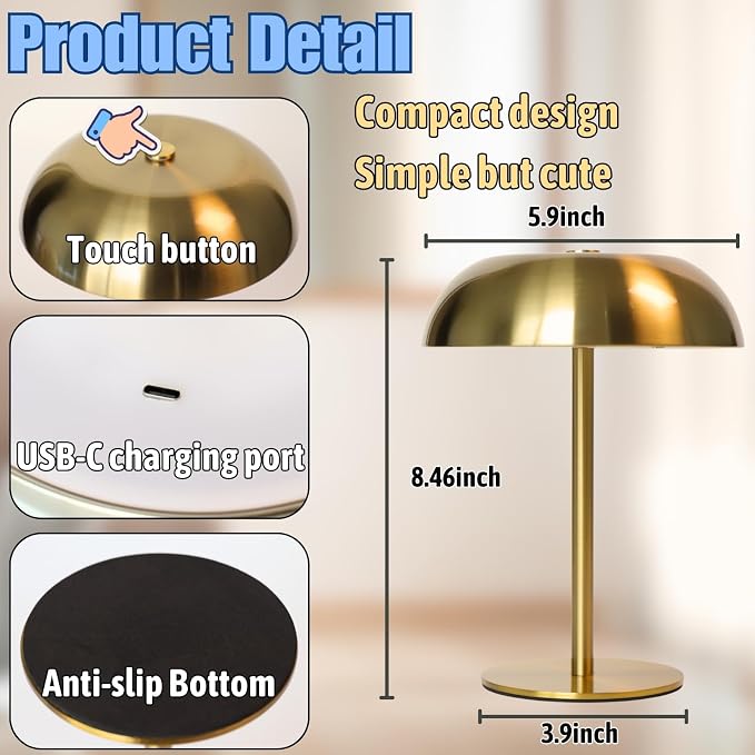 Portable LED Mushroom Table Lamp, 8.46'' Metal Small Cordless Desk Night Light - Image 7