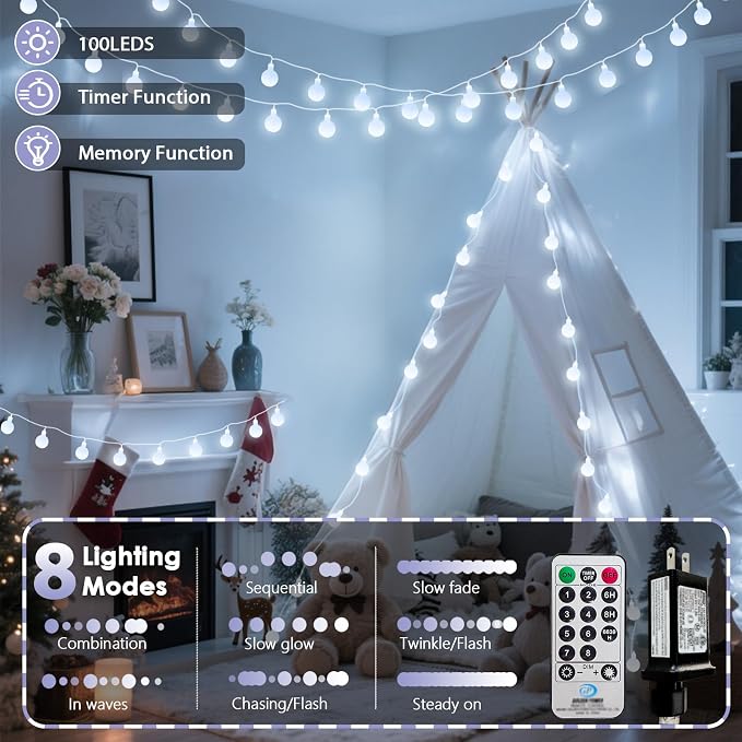 100LED Connectable Classroom String Lights Indoor Outdoor, 43ft White Globe - Image 7
