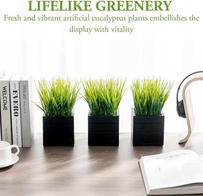 MyGift Artificial Green Grass Plants in Vintage Black Wood 4 Inch Planter Boxes - Image 2