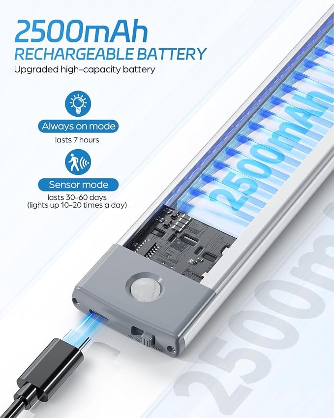 HIBOITEC LED Motion Sensor Cabinet Light 2500mAh 2 Packs Rechargeable Under - Image 3