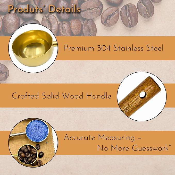 Gold Coffee Scoop with Wooden Handle, 1 Tablespoon / 15 ml, 304 Stainless Steel - Image 4