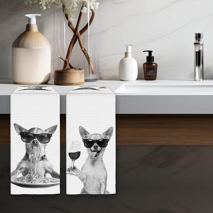 Chihuahua Gifts Wine Kitchen Towels Set of 2, Funny Chihuahua Dog Eating Pasta - Image 5