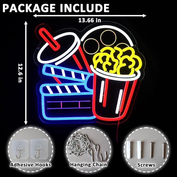 Cinema Snacks Neon Sign for Wall Decor Dimmable Popcorn Led Sign for Movie Time - Image 2