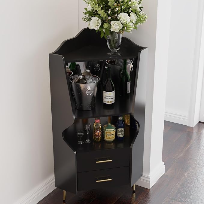 Corner Bar Cabinet with Mirrored Back, Sideboard Cabinet with 2 Open Shelves & - Image 4