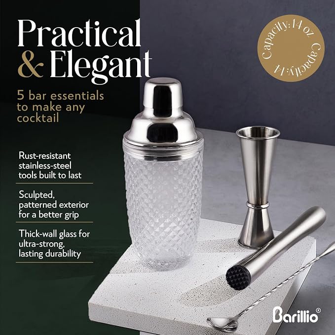 Barillio Glass Cocktail Shaker Set | 14 oz Cobbler Mixer - Image 5
