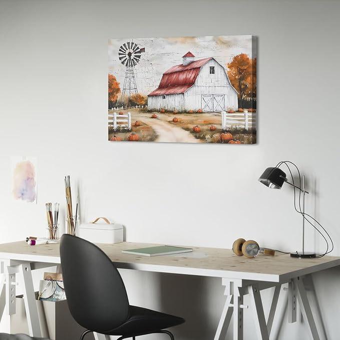 Country Autumn Landscape Canvas Wall Art Farmhouse Barn Windmill Pictures Wall - Image 6