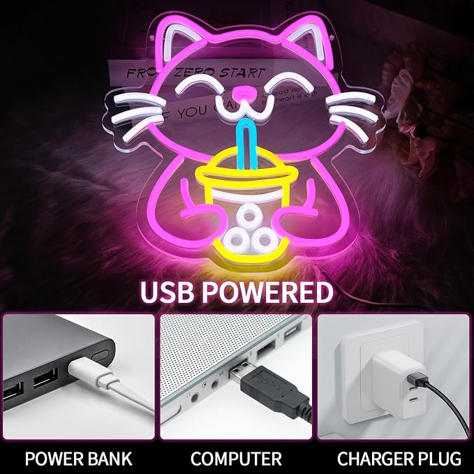 Cat Boba Tea Neon Sign for Wall Decor Dimmable Cute Cat Led Light Signs Bubble - Image 5
