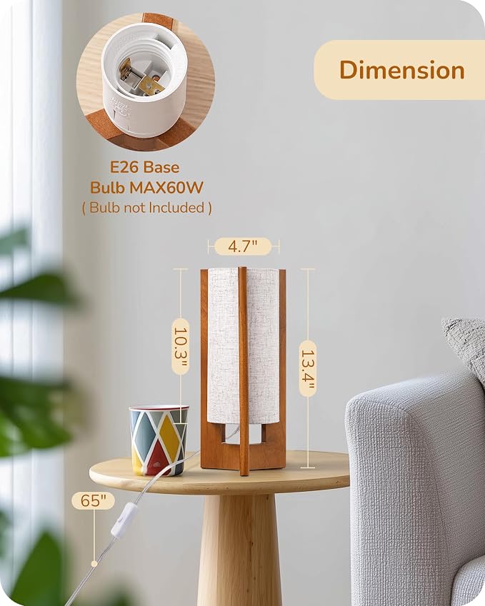 EDISHINE 13.5" Small Table Lamp, Walnut Wood Cylinder Nightstand Lamp - Image 5