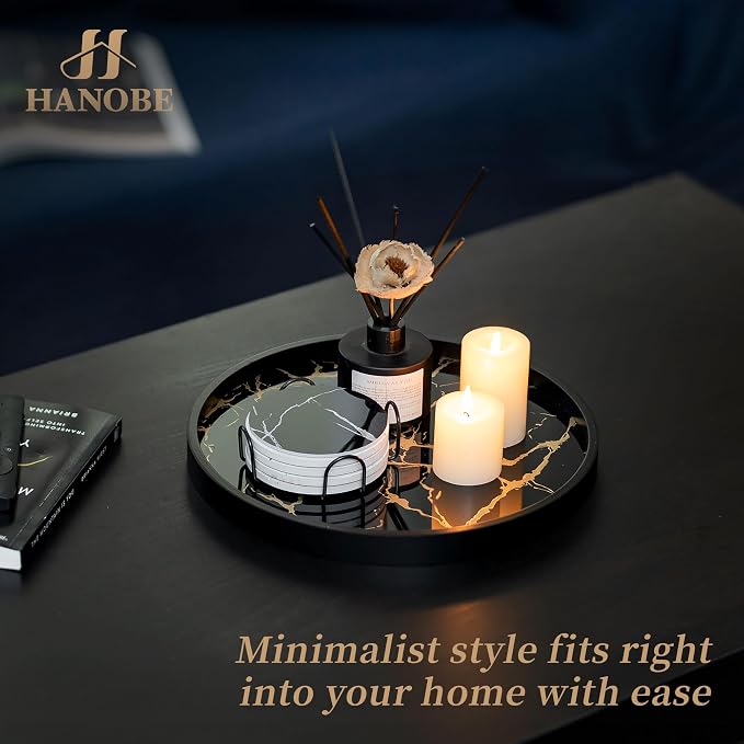 Hanobe Decorative Tray for Home Decor: Black Imitation Marble Round Serving - Image 4