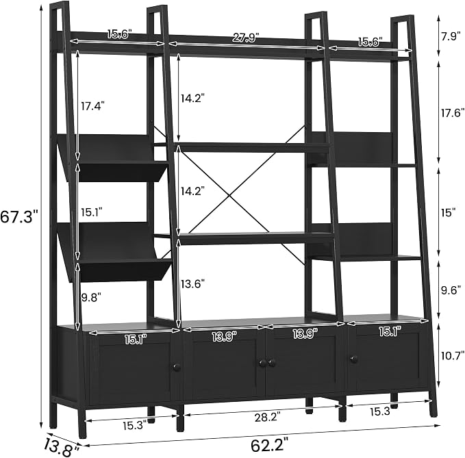 Ladder Bookshelves with 4 Doors, Triple Wide 4-Tier Large Open Bookshelf with - Image 3