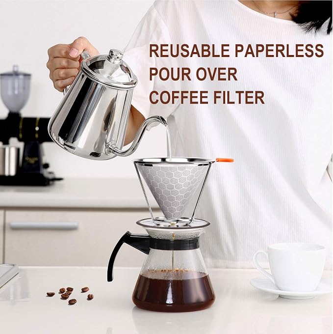 Pour Over Coffee Dripper, Stainless Steel Filter, Reusable Filter, Cone Dripper - Image 2