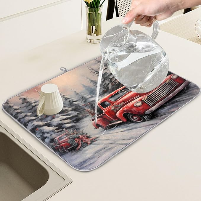 Xmas Red Truck Dish Drying Mat, Kitchen Counter Quick Dry Pads - Image 5