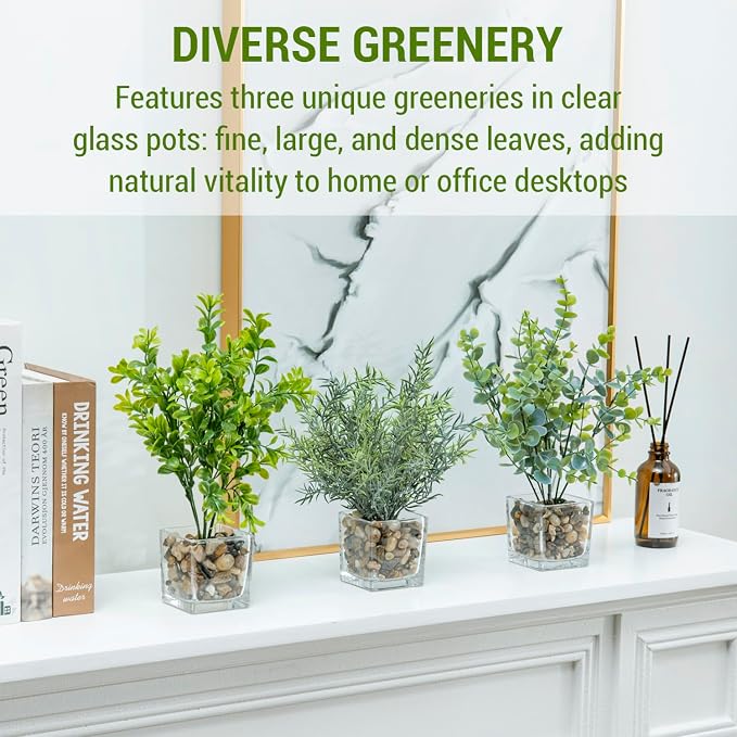 MyGift Artificial Rosemary Eucalyptus and Boxwood Plants Potted in Clear Glass - Image 2