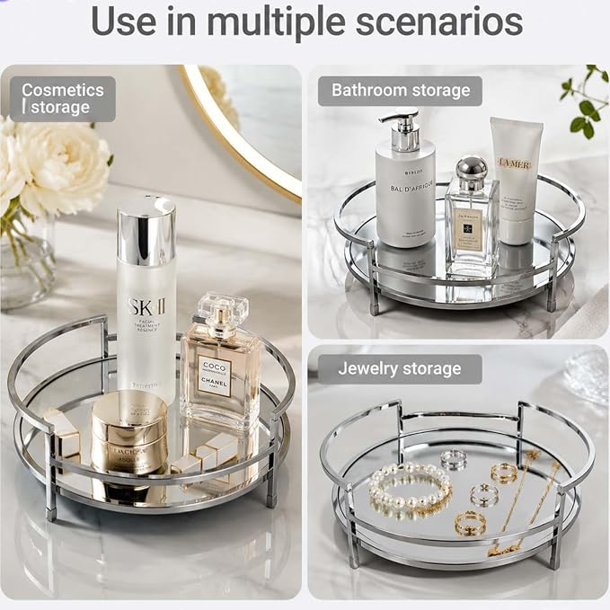 Round 12" Silver Mirror Decor Tray, Metal Mirror Serving & Glass Vanity & - Image 5