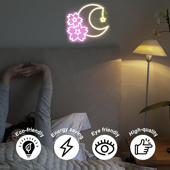Sakura Moon Star Neon Signs for Wall Decor Cherry Blossom Neon Light Dimmable - Image 3