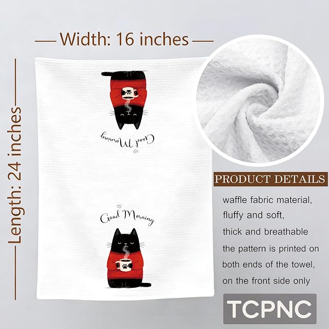 Cute Coffee Black Cat Hand Towel, Funny Black Cat Kitchen Towel - Image 6