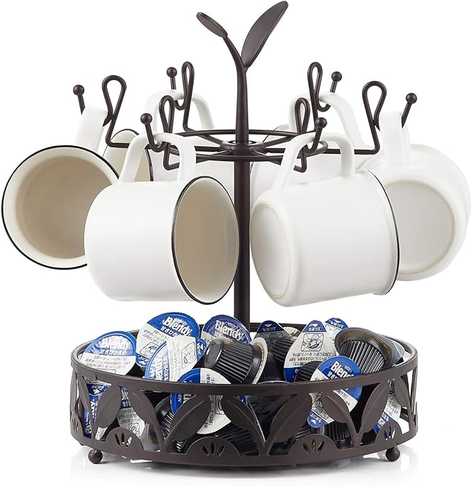 Coffee Mug Holder with Coffee Pod Basket Storage, Rotatable 6-capacity Cup Mug by OUSEEN