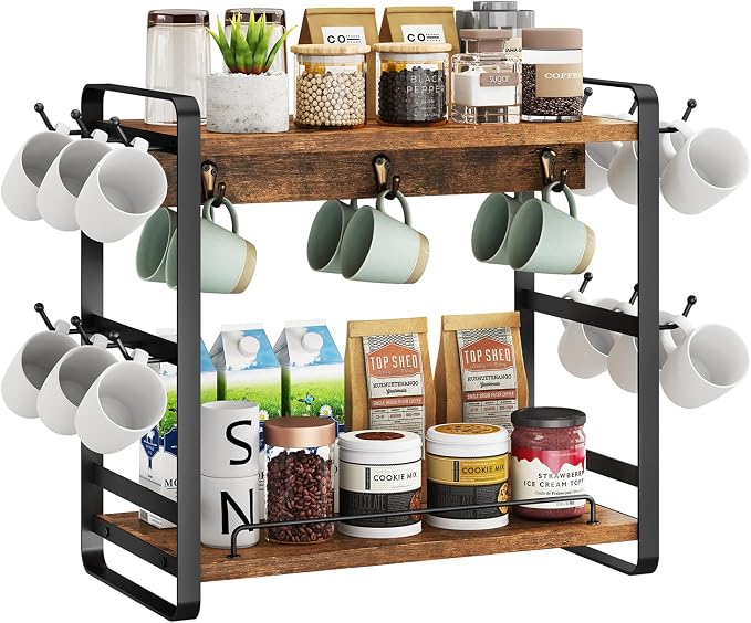 IBUYKE Coffee Bar Station Countertop Organizer, 2 Tier Kitchen Mug Cup Holder by IBUYKE