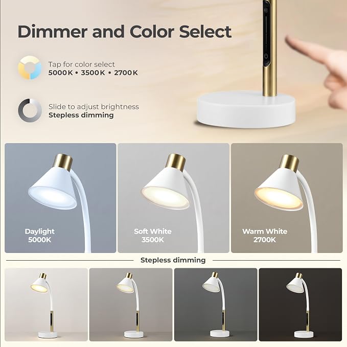 Globe Electric 62000035 15" LED Integrated Desk Lamp, Matte White, Brass Accent - Image 4