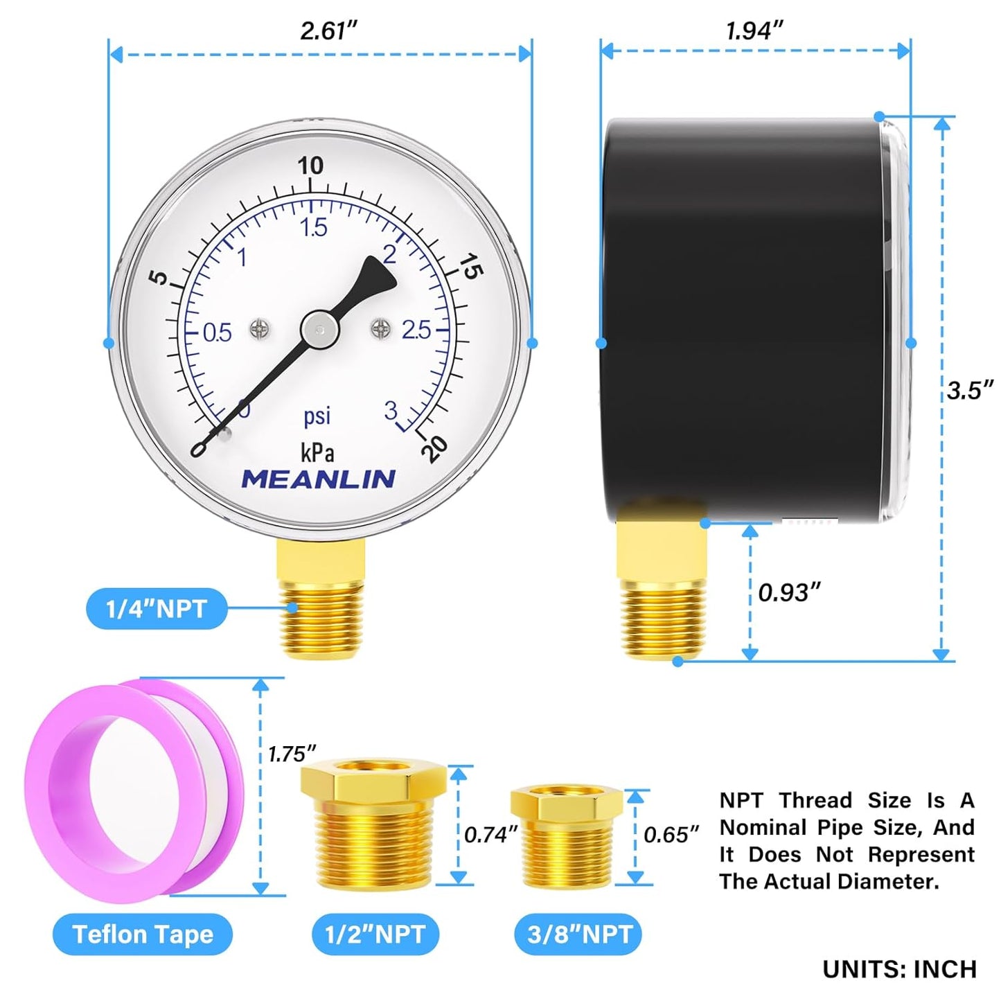MEANLIN MEASURE 0-3Psi Diaphragm Type Capsule Low-Pressure Gauge, Water Column Gauge, 2.6" Dial, 1/4" NPT, Rear Adjustable Knob, with 1/2" NPT and 3/8" NPT Hex Bushing, Lower Mount