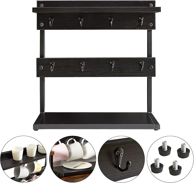 IBUYKE Rustic Coffee Mug Holder Stand, 2 Tier Countertop Mug Tree Holder Rack - Image 4