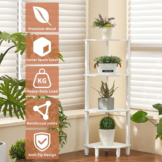 YUFAM 4-Tier Corner Shelf with Sturdy 5-Leg Base, Wooden Corner Bookshelf - Image 6