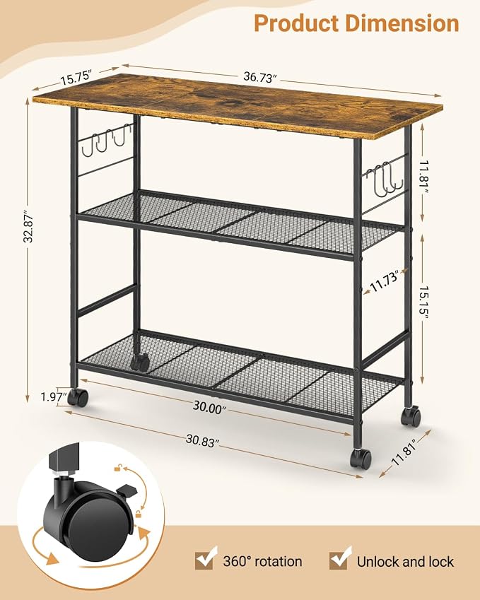 Kitchen Island with 3 Shelves, Rolling Kitchen Cart with 6 Hooks and Protective - Image 2