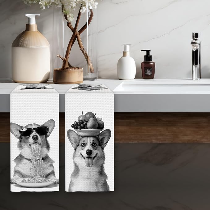 Corgi Gifts Funny Dog Kitchen Towels Set of 2, Funny Dog Eating Pasta - Image 5
