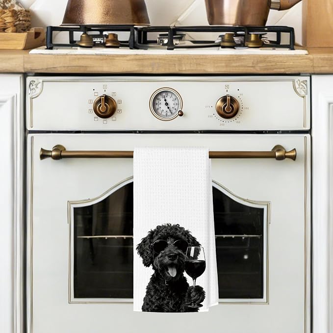 Funny Black Portuguese Water Dog Wine Bar Kitchen Towels, Dog Gifts - Image 2
